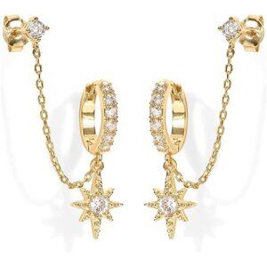 14K Gold Chain Earrings Double Piercing Dangle Hoop CZ Pearl Stud Earrings Women